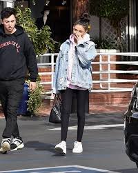 She Wore A Pair Of Black Leggings Super Tight Fitting And In Perfect Contrast With Her Pink Hood Outfits With Leggings Denim Jacket Women Jean Jacket Outfits