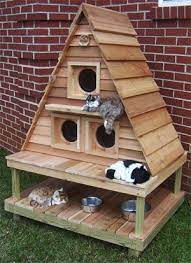 Cat Cottage Triplex With Raised Platform Foundation Catsplay Com Fun Furn Outdoor Cat House Pet Furniture Cat Furniture
