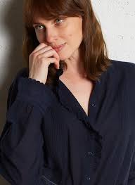 Straight Embroidered Blouse In Mixed Cotton Marine Des Petits Hauts