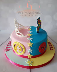 Combined Joint Birthday Cake For Brother And Sister Princess Superhero Cake Twin Birthday Cakes Superhero Birthday Cake Birthday Cake Kids