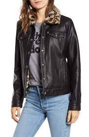 Levi S Faux Fur Lined Faux Leather Trucker Jacket Celebrities Leather Jacket Trucker Jacket Fashion Clothes Women