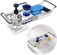 Wet sponges and used cleaning accessories can be difficult to keep track of with a busy schedule. Amazon Com Kitchen Sink Caddy Sponge Holder Hanging Dish Sponge Organizer Holder Telescopic Farmhouse Sink Accessories Over Sink Expandable 14 20 Brush Soap Storage Rack Stainless Steel