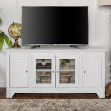 Walker Edison Furniture Company Carolina 53 In White Wood Tv Stand 55 In With Glass Doors Hd52c4dowh The Home Depot Tv Stand Furniture White Tv Stands Tv Stand Wood