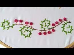 Very Easy Hand Embroidery Border Design For Saree Dress Bullion Knot Rose Embroidery With Leafs Embroidery Border Designs Hand Embroidery Rose Embroidery