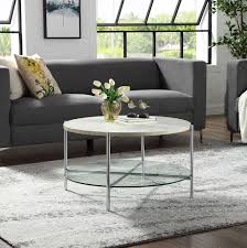 Are there any special values on glass coffee. Modern Round Coffee Table White Marble Top Glass Shelf Chrome Legs By Walker Edison