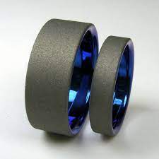 Titanium Wedding Band Set Cobalt Blue And Matte Gray Titanium Wedding Band Sets Titanium Wedding Band Wedding Rings Unique