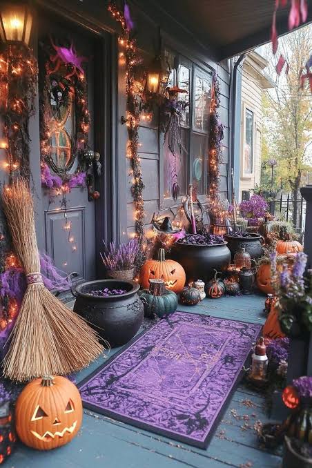 Witch theme outdoor decor | Witch themed porch decorations, Witch porch decor, Halloween decor front porch