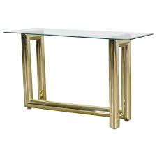 A spanish early 20th century highly decorative console table gilded bronze frame demi lune table with original mirror top features a nicely carved apron with hanging floral swags. Vintage Modern Brass Plate Console Sofa Table Glass Top 1970 For Sale At 1stdibs