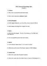On visiting the pages, students will find the gk questions for class 1 with answers in pdf format for offline studies as well. English Worksheets General Knowledge Quiz For Esl Grade 3