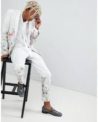 Asos mens chino pants size 31 x 32 mustard yellow straight slim leg casual woventop rated seller. Asos Design Skinny Suit Trousers In Floral Printed White Jacquard 52 Asos Lookastic