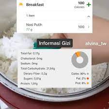 92% dari karbohidrat, 1% dari lemak, 7% dari protein. Elokrosuliyana 100 Kalori Pada Nasi Putih Itu Berapa