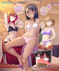 geewhy, gamou maki, hachiouji naoto, nagatoro hayase, yoshi (nagatoro),  ijiranaide nagatoro-san, highres, 1boy, 3girls, :d, ahoge, armpits, arms  behind head, arms up, artist name, asymmetrical bangs, bare arms, bare  shoulders, barefoot, black