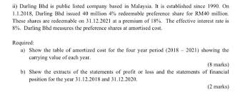 In this vedio show how to solve the different types of problems related to redemption of preference shares in fresh issue of shares in malayalam.playlist. Ii Darling Bhd Is Public Listed Company Based In Chegg Com