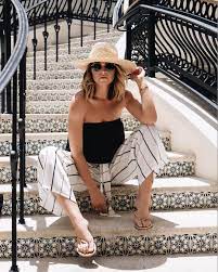 Palm Beach Street Style Outfit On Willworkforfashion Wearing A Straw Wide Brimmed Hat Attack Ny Hat Black Blue Life Crop Top And Nordstrom Striped Culottes