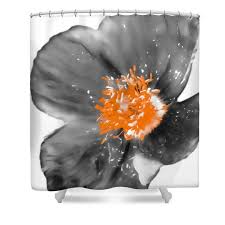 Unique Flower Shower Curtain Poppy White Grey Gray Orange Floral Bathroom Floral Bathroom Poppy Shower Curtain Flower Shower Curtain
