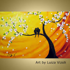 Large Canvas Bird Wall Art Cherry Tree And Lovebirds At Sunset Original Oil Painting On Large Canvas Wall Decor By Luiza Vizoli 190 00 V Painting Canvas Painting Original Oil Painting