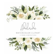 Adelaide Watercolor Clipart With White Roses And Eucalyptus Etsy Flower Frame Watercolor Clipart Clip Art