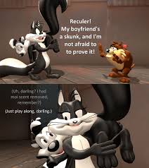 186151 - safe, artist:red4567-2, penelope pussycat (looney tunes), pepe le  pew (looney tunes), cat, feline, mammal, marsupial, skunk, tasmanian devil,  looney tunes, warner brothers, 3d, butt, digital art, hand on foot, source