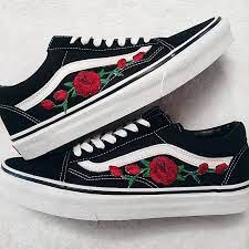 Rose Buds Red Blk Unisex Custom Rose Embroidered Patch Vans Vans Old Skool Vans Old Skool Sneaker Rose Vans