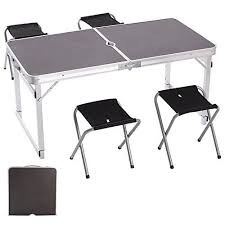 Camp Solutions Portable Folding Table Sturdy And Lightweight Aluminum Legs With 4 Folding Chairs 3 Adjustable Heights Feet Folding Table Table Camping Table