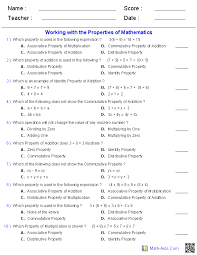 Properties Worksheets Properties Of Mathematics Worksheets