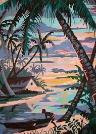 Vintage Tropical Painting Paint By Number Pbn Islands Canoe Islander Palm Trees Treasury Featured Vintage Painting Tropical Painting Hawaiian Art