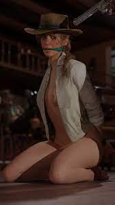 3d arms behind back bandit blonde hair bondage bound bounty  hunter cleave gag cowboy hat cowgirl gag gagged half naked hat kidnapped  kneeling nude red dead redemption (series) red
