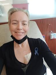 6/6 pre-surgical chemo ✓ That is unless they squeeze one more in before  surgery in October. Ready for a few weeks break. P.S. My girl made me my  #coloncancerawareness ribbon and I