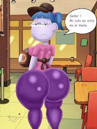 1girls back view big ass big butt big city greens clothed  clothing female female focus female only gloria sato hyper bimbo purple  skin spanish text speech bubble superstarplasma 