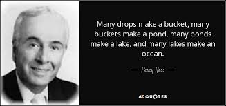 Percy Ross quote: Many drops make a bucket, many buckets make a pond...