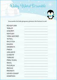 Baby Word Scramble Printable Download Blue Penguin Winter Baby Shower Game B22006 Baby Shower Planning List Penguin Baby Showers Baby Words