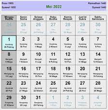 Kalender jawa mempunyai dua siklus hari, yakni siklus mingguan yang terdiri dari tujuh hari (ahad sampai sabtu) dan siklus pekan pancawara yang terdiri lima hari pasaran. Kalender Jawa Mei 2022 Lengkap Hari Baik Buruk Enkosa Com Informasi Kalender Dan Hari Besar Bulan Januari Hingga Desember 2021