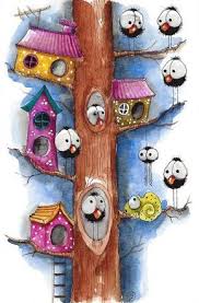Cartoon Bird On Tree Drawing Original Watercolor Painting Whimsical Spider Chameleon Bird Crow Tree House Whimsical Art Bird Art Happy Paintings