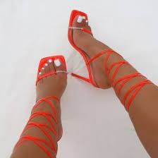 Loreta Orange Patent Clear Diamante Lace Up Stiletto Heels Sapatos De Luxo Sapatilhas Femininas Chinelos Femininos