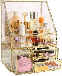 Amazon Com Moochi Golden Vintage Glass Cosmetic Makeup Organizer 3 Drawers Set Dust Waterproof Cosmetics Storage Display Case Countertop For Brushes Lipsticks Jewelry Beauty Personal Care