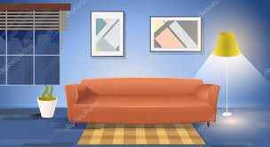 Muted colouring allows space for potted greenery. Living Room Interior Cartoon Vector Illustration With Comfortable Sofa In Cozy Room Window Overlooking On Night City Lighted Elegant Floor Lamp Plant In Pot Carpet On Floor And Paintings On Wall