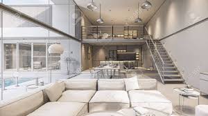 When it comes to kitchen design trends this year, think functional yet stylish. 3d Rendering Interior House Modern Open Living Space With Kitchen Loft Stock Photo Picture And Royalty Free Image Image 145383027