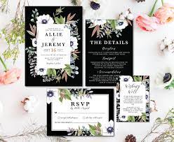 A Gorgeous Black And White Floral Wedding Suite Featuring White Anemone Flowers And Gree Floral Wedding Invitations Wedding Invitations Fun Wedding Invitations