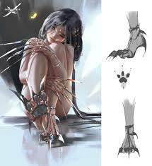 wlop, ghostblade, highres, 1girl, ;), ass, black hair, circlet, claws,  female focus, freckles, green eyes, knees to chest, long hair, one eye  closed, sitting, smile, solo, weapon - Image View - |