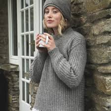 Womens Chunky Rib Crew Neck Smoke Alpaca Wool Jumper