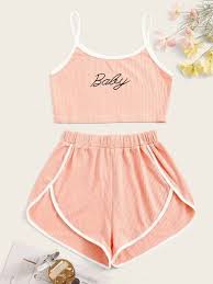 Letter Graphic Rib Cami Pajama Set Shein Usa In 2020 Cute Sleepwear Cute Pajama Sets Cute Lazy Outfits