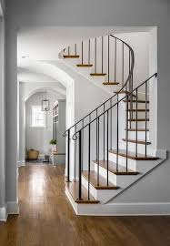 What are some popular features for iron deck railings? Wrought Iron Staircase Railing Transitional Entrance Foyer
