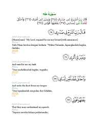 Teks bacaan lafadz surah thaha arab latin dan terjemahan berikut dibawah ini : Surah Taha Ayat 25 28