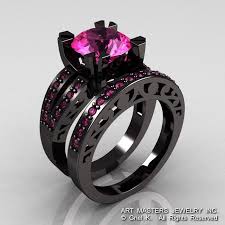 Pink And Black Rings Black Gold 3 0 Carat Pink Sapphire Solitaire And Wedding Ring Bridal Black Wedding Rings Black Gold Ring Black Gold Engagement Rings