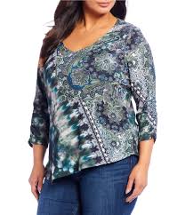 one world apparel plus size gala garden print ruched sleeve 4 point wrap rib knit top