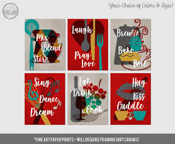 Cute Fun Kitchen Wall Art Print Set Couples Art Red Teal Khaki Mustard Modern Home Decor Set Of 6 Many Kitchen Wall Art Kitchen Art Prints Art Print Set