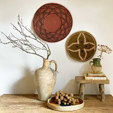 Beautiful floral ornament makes this element more unique. Ethnic Woven Decorative Plate Large Red Home Barn Vintage