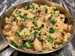 Farfalle with chicken and roasted garlic. Homemade Farfalle In Creamy Chicken Mushroom Sauce Food