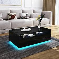 Modern Rgb Led Light Coffee Tea Table Solid With 1 Storage Drawers High Gloss Black Furniture Living Room Coffee Table Rectangle Living Room