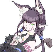 ebitama (ebitamamix), chimera (ragna crimson), ragna crimson, animal ears,  animal nose, body markings, brown hair, bubble tea, bubble tea challenge,  cat ears, detached sleeves, drinking straw, drinking straw in mouth, facial  mark,